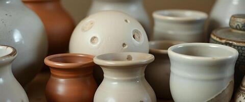 group of ceramic vases sitting on top of a table photo