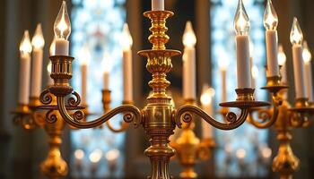 chandelier with many lit candles in front of a window photo
