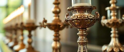 close up of a candle holder with a mirror in the background photo