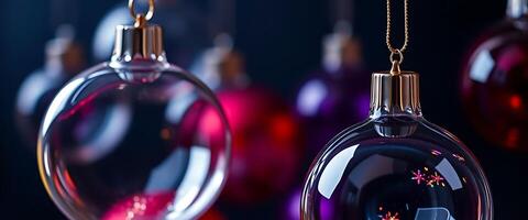 group of christmas ornaments hanging from strings photo