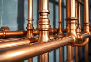 row of copper pipes in a building photo