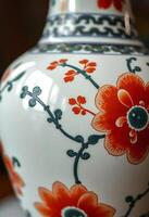close up of a vase with flowers on it photo