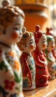 row of ceramic figurines sitting on top of a wooden table photo