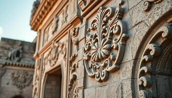 close up of a building with carvings on it photo