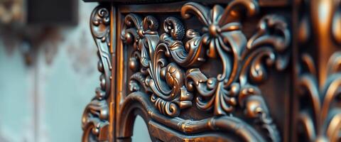 close up of a wooden table with a clock in the background photo