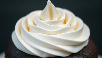 close up of a chocolate cupcake with white frosting photo