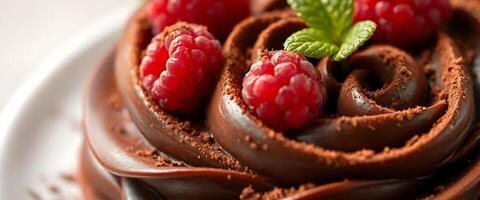 chocolate cake with raspberries on top of it photo