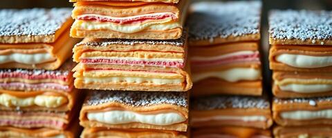 close up of a stack of pastries covered in powdered sugar photo