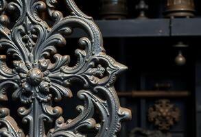 close up of a metal gate with bells in the background photo