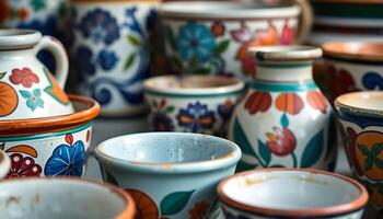 table topped with lots of colorful cups and bowls photo