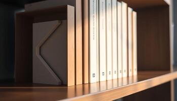 bookshelf with a row of books on top of it photo