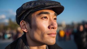 Asian man gazing into the sunlight urban setting portrait photography daylight close-up perspective photo