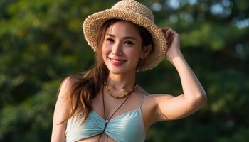 Cute thai woman in sunlight wearing a hat beach environment lifestyle photo joyful mood