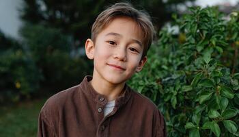 Smiling asian boy in sunlight outdoor portrait natural setting joyful expression photo