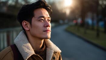 Contemplative asian man in sunlight urban street portrait photography golden hour side view serenity photo