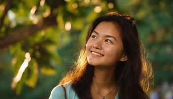 Smiling asian girl in sunlit nature outdoor portrait joyful expression vibrant environment photo
