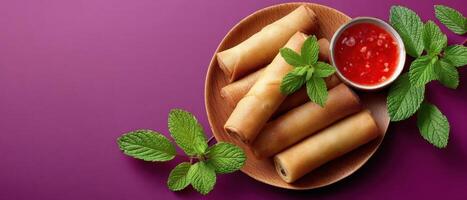 Deliciously crafted thai spring rolls with ceef standard sauce gourmet food restaurant setting close-up view photo