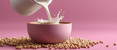Pouring waves of soy milk into a bowl kitchen food photography soft lighting conceptual art photo