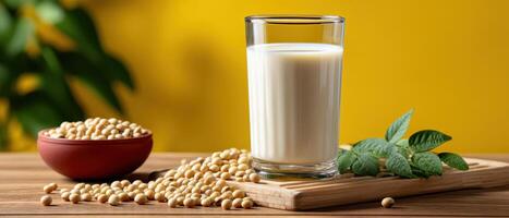 Refreshing soy milk glass cozy kitchen food photography bright atmosphere close-up healthy lifestyle photo