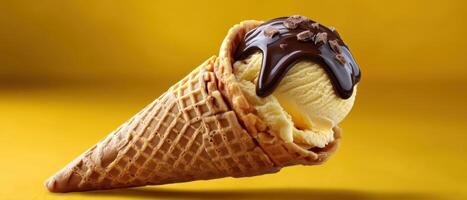 Delicious waffle cone with ice cream sweet treat bright yellow background gourmet dessert close-up view photo