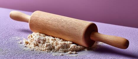 Rolling pin on textured dough calming lavender background food photography cozy kitchen close-up view photo