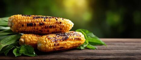 Delicious hot grilled corn on rustic wooden table outdoor setting food photography with nature vibes photo