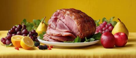 Freshly smoked ham displayed on vibrant yellow table gourmet food photography bright kitchen setting photo