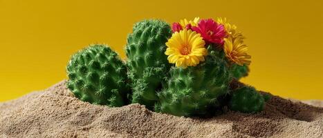 Vibrant cactus with colorful flowers in sandy desert nature photography artistic view photo