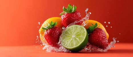 Refreshing dynamic splash of lemonade with strawberries and limes vibrant background food photography photo