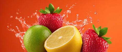 Dynamic splash of lemonade with strawberries and limes refreshing drink vibrant orange background photo