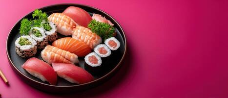 Assorted sushi platter with fresh ingredients elegant setting food photography vibrant colors close-up view photo