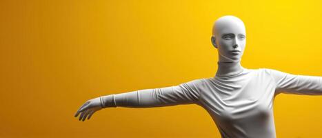 Dynamic mannequin pose in studio setting against vibrant yellow background photo