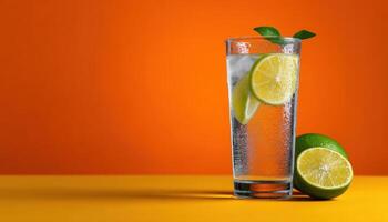 Refreshing lemonade with condensation vibrant background beverage photography bright setting close-up view photo