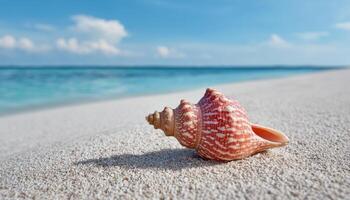 Solitary seashell on a smooth white sandy beach tropical paradise nature photography calm environment close-up view photo