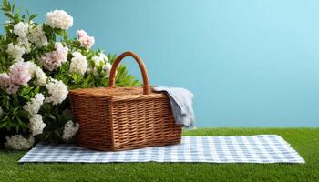Cheerful picnic setup on mowed grass outdoor lifestyle vibrant environment beautiful view photo