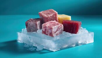 Frozen gourmet meals arrangement cool toned food photography studio setting aesthetic presentation photo