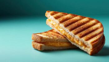 Delicious grilled cheese sandwich light teal background food photography culinary delight close-up view photo