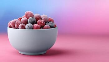 Frosted berries bowl in a chilly landscape still life photography vibrant colors photo