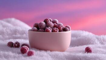Frosty landscape with frozen berries in bowl nature scene vibrant background close-up view photo