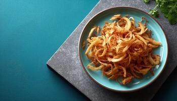 Artful fried onion arrangement on a standard plate culinary showcase vibrant kitchen environment photo