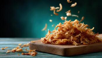 Fried onions delight rustic table food photography colorful background close-up culinary art photo