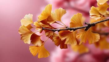 Golden ginkgo leaves falling from branch autumn forest nature close-up tranquil environment soft light photo