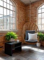 Elegant hanging chair in a sophisticated loft patio modern design indoor environment cozy viewpoint photo