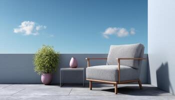 Modern minimalist patio scene with armchair and planter outdoor space contemporary design urban view photo