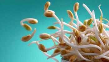 Dynamic midair shot of bean sprouts studio food photography minimalist background top view freshness concept photo
