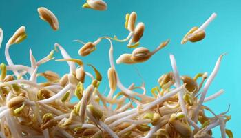 Dynamic shot of bean sprouts midair against standard background food photography vibrant colors photo