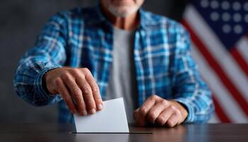 Casting a vote into a ballot box usa photo indoor setting close-up civic engagement