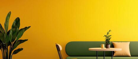 Create a cozy trendy seating area with olive green sofa against bright yellow wall for an inviting modern atmosphere photo