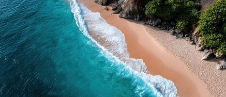 Aerial view of a serene tropical beach with crystal clear waters ideal for relaxation photo