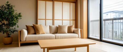 Elegant japandi living room design with light wood coffee table modern aesthetics cozy environment photo